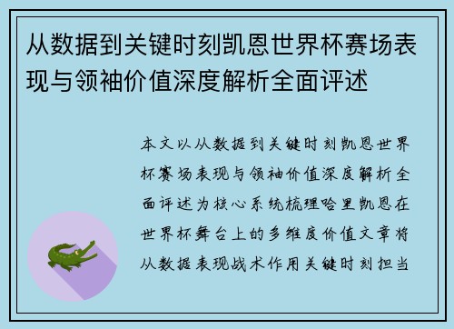 从数据到关键时刻凯恩世界杯赛场表现与领袖价值深度解析全面评述
