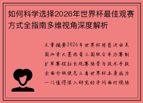 如何科学选择2026年世界杯最佳观赛方式全指南多维视角深度解析
